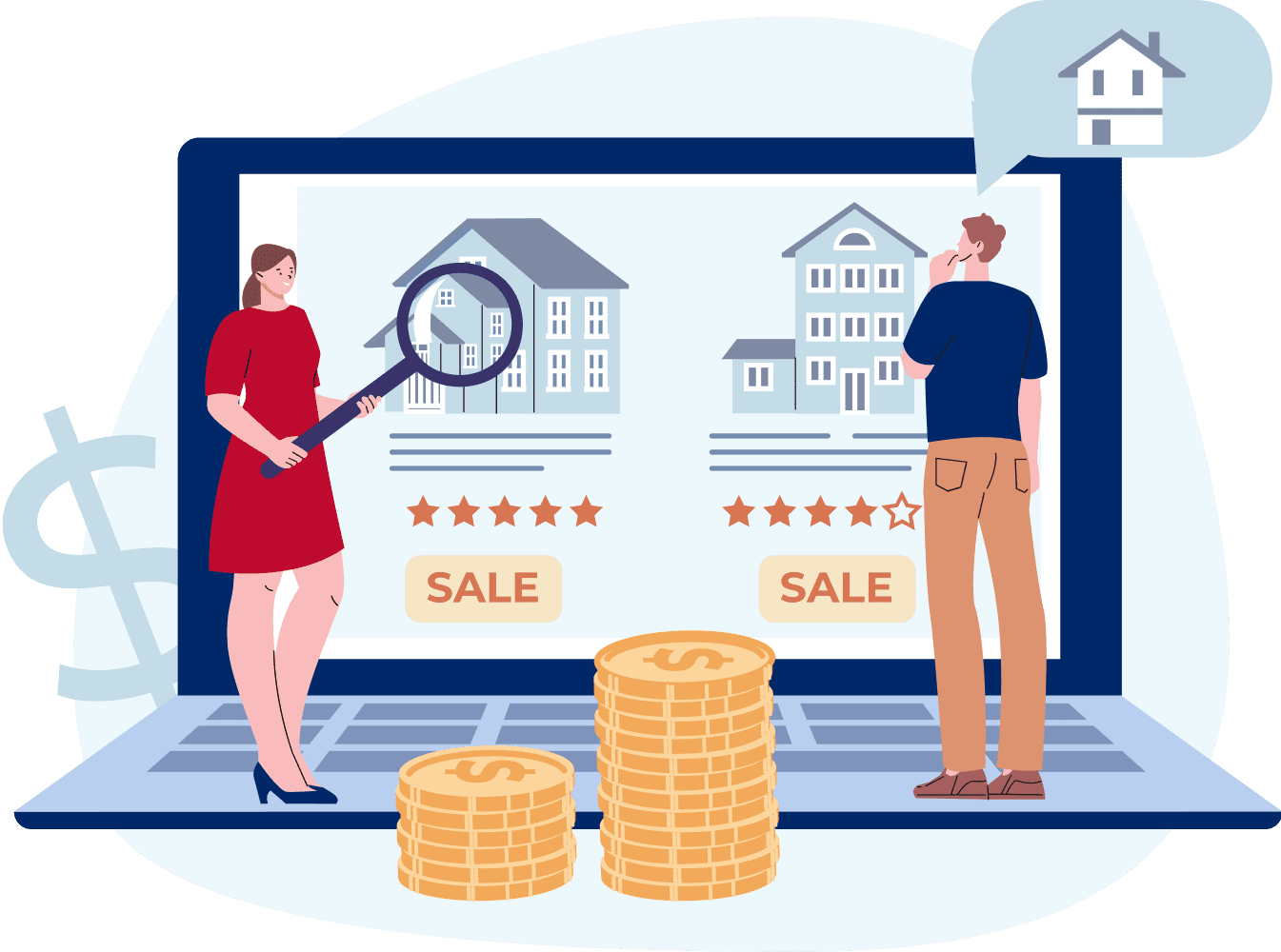 Online house shopping with magnifying glass.